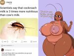  antennae_(anatomy) anthro areola arthropod big_areola big_breasts blattodea blush bodily_fluids breasts brown_body chubby_female cockroach english_text female genitals huge_breasts insect kingfurryjion lactating looking_at_viewer mammal multicolored_body nipples nude puffy_areola pussy real reddit slightly_chubby solo text two_tone_body 