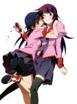  2girls ass bakemonogatari bangs bike_shorts black_thighhighs blue_eyes blue_hair blue_necktie blue_skirt blush breasts closed_mouth feet_out_of_frame foot_out_of_frame foot_up from_above hand_up highres hug juliet_sleeves kanbaru_suruga long_hair long_sleeves looking_at_another lower_teeth lying medium_breasts miniskirt monogatari_(series) multiple_girls naoetsu_high_school_uniform necktie non-web_source official_art on_back one_eye_closed open_mouth pink_nails pink_shirt pleated_skirt puffy_sleeves purple_hair scan scan_artifacts school_uniform senjougahara_hitagi shadow shiny shiny_clothes shiny_hair shirt short_hair short_sleeves simple_background skirt stapler teeth thighhighs watanabe_akio white_background zettai_ryouiki 