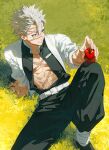  1boy absurdres apple arm_support bangs belt black_pants day demon_slayer_uniform feet_out_of_frame field food from_above fruit grass grey_hair grin hair_between_eyes hand_up haori highres holding holding_food holding_fruit jacket japanese_clothes kimetsu_no_yaiba knee_up leg_wrap long_sleeves looking_away male_focus multiple_scars nature on_ground outdoors outstretched_arm pants scar scar_on_arm scar_on_chest scar_on_face scar_on_forehead scar_on_nose shinazugawa_sanemi short_hair smile solo spiked_hair toned toned_male ttyttytty white_jacket 