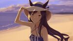  1girl animal_ears artist_name bangs bare_shoulders beach blue_dress blurry blurry_background blush breasts brown_hair cloud dated dress ears_through_headwear hand_on_headwear horizon horse_ears kawashina_(momen_silicon) long_hair looking_at_viewer mejiro_dober_(umamusume) mejiro_dober_(vacation_safir)_(umamusume) ocean outdoors purple_eyes sleeveless sleeveless_dress small_breasts smile solo teeth umamusume upper_body water 