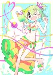  1girl ;d absurdres alternate_hairstyle asameshi bangs bikini breasts bright_pupils cup drinking_glass drinking_straw green_hair heart heart_of_string highres holding holding_cup komeiji_koishi leg_up looking_at_viewer medium_breasts multicolored_bikini multicolored_clothes navel one_eye_closed open_mouth sarong short_hair smile solo star_(symbol) swimsuit third_eye touhou white_pupils 