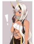  ! 1girl ahoge azur_lane bangs black_gloves black_shorts blue_eyes blush breasts cleavage commentary_request covered_mouth cowboy_shot dark-skinned_female dark_skin etosen eyes_visible_through_hair gloves hair_between_eyes heart heart_ahoge heterochromia horns indianapolis_(azur_lane) long_hair looking_at_viewer mechanical_horns medium_breasts navel partially_fingerless_gloves shorts solo turtleneck twintails very_long_hair white_bandeau white_hair yellow_eyes 