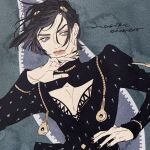  1boy artist_name black_hair blue_eyes blunt_ends bob_cut bra bruno_buccellati cleavage_cutout clothing_cutout formal hagiko15 hair_ornament hand_on_hip hand_up jojo_no_kimyou_na_bouken lace lace_bra long_sleeves looking_to_the_side male_focus nail_polish pectoral_cleavage pectorals short_hair signature suit twitter_username underwear v-shaped_eyebrows vento_aureo wind zipper zipper_pull_tab 