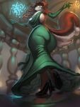  2021 anthro big_breasts black_high_heels breasts butt clothing digital_media_(artwork) dress female fur general-irrelevant green_clothing green_dress green_eyes hair hi_res leksi low-angle_view mammal red_body red_fur red_hair rodent sciurid smile solo worm&#039;s-eye_view 
