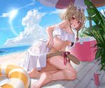  1girl :p absurdres animal_ear_fluff animal_ears bangs bare_legs bare_shoulders barefoot beach beach_mat bikini blue_sky blush bottle bow breasts brown_hair cloud cocoshiro_yuara cooler day grey_bow hair_between_eyes hair_bow highres indie_virtual_youtuber innertube large_breasts looking_at_viewer looking_back off-shoulder_bikini off_shoulder outdoors pink_bow pink_eyes plant sarong sky solo sooon swimsuit tail tail_bow tail_ornament tongue tongue_out virtual_youtuber wet white_bikini 