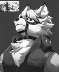  anthro belt buckle butler canid canine canis cheek_tuft clothing collar facial_tuft fluffy fluffy_ears fur hi_res male male/male mammal neck_tuft reference_image solo suit tuft video_games von_lycaon white_body white_fur wolf zenless_zone_zero zuo_cecil 