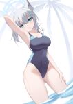  1girl animal_ears arm_up blue_archive blue_eyes breasts cleavage competition_swimsuit cross_hair_ornament dutch_angle grey_hair hair_ornament halo highres large_breasts looking_at_viewer mismatched_pupils multicolored_clothes multicolored_swimsuit official_alternate_costume one-piece_swimsuit rx7649 shiroko_(blue_archive) shiroko_(swimsuit)_(blue_archive) solo swimsuit wading water white_background 