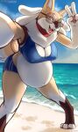  absurd_res anthro artist_name bahnbahn_(artist) beach belly big_belly big_breasts bottomwear bra breasts brown_body brown_fur canid canine canis cleavage clothed clothing collar day doggette_(bahnbahn) domestic_dog eyewear feet female fur gesture glasses hi_res hybrid looking_at_viewer lucario mammal multicolored_body multicolored_fur nintendo nipple_outline open_mouth orange_eyes outside pok&eacute;mon pok&eacute;mon_(species) pregnant seaside selfie shiba_inu shorts solo spitz sports_bra tan_body tan_fur text toes underwear url v_sign video_games white_body white_fur 