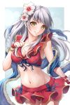  1girl bangs bare_shoulders bikini bikini_skirt blue_scarf breasts cleavage collarbone fingerless_gloves fire_emblem fire_emblem:_radiant_dawn fire_emblem_heroes flower front-tie_top gloves grey_hair groin hair_flower hair_ornament half_updo long_hair medium_breasts micaiah_(fire_emblem) microskirt navel official_alternate_costume red_bikini red_gloves red_swimsuit scarf simple_background skirt smile solo swimsuit ten_(tenchan_man) towel yellow_eyes 