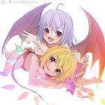  2girls :d ahoge bat_wings bikini blonde_hair covered_nipples crystal flandre_scarlet multiple_girls open_mouth red_eyes remilia_scarlet shiroi_karasu siblings simple_background sisters smile swimsuit touhou v white_background wings 