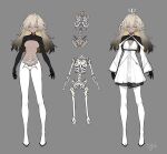  1girl android bangs blonde_hair breasts dark-skinned_female dark_skin dress expressionless grey_background long_hair medium_breasts no_nipples open_hands original pants science_fiction shirousagi_uyu shrug_(clothing) skeleton standing variations white_dress white_pants yellow_eyes 