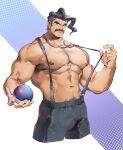  1boy abs arm_hair armpit_hair armpits bara black_hair brown_eyes character_request chest_hair dotted_background facial_hair feet_out_of_frame hairy highres large_pectorals long_sideburns looking_at_viewer male_focus manly mature_male muscular muscular_male mustache navel navel_hair nipples no_shirt pants pectorals poke_ball pokemon pokemon_(game) pokemon_sv short_hair sideburns simple_background solo tengo_(maotengo) thick_arms thick_eyebrows 