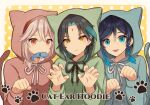  3boys :3 :d animal_ears animal_hood aqua_eyes aqua_hair bangs black_hair blue_hoodie border braid cat_ears cat_tail claw_pose closed_mouth commentary_request crossed_bangs diamond-shaped_pupils diamond_(shape) expressionless facial_mark fish fish_in_mouth forehead_mark genshin_impact gradient_hair green_hair green_hoodie hair_between_eyes hand_up hands_up highres hood hood_up hoodie kaedehara_kazuha long_sleeves looking_back male_focus medium_hair mouth_hold multicolored_hair multiple_boys open_mouth outside_border parted_bangs paw_pose paw_print polka_dot polka_dot_background red_eyes red_hair red_hoodie short_hair side_braids sidelocks smile streaked_hair su34ma symbol-shaped_pupils tail twin_braids two-tone_hair upper_body venti_(genshin_impact) white_border white_hair xiao_(genshin_impact) yellow_background yellow_eyes 