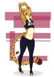  athletic_wear breasts cheetah clothed clothing countershading disney felid feline female hi_res jaff96 kii_catano mammal small_breasts solo stretching zootopia zpd 