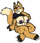  anthro big_breasts bottomless breasts clothed clothing clothing_lift fangs felid female flashing flashing_breasts fur hi_res looking_at_viewer machairodontine mammal multi_nipple nipples sabertooth_(anatomy) shirt shirt_lift sitting smile solo teeth topwear trout_(artist) 
