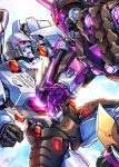  arm_cannon clenched_hand english_commentary fighting from_side glowing glowing_eye highres lina_rojas mask mecha megatron megatron_(idw) open_hand red_eyes robot science_fiction tarn the_transformers_(idw) transformers weapon 
