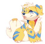  2022 ambiguous_gender blue_body blue_eyes blue_fur blue_nose canid canine canis digital_media_(artwork) domestic_dog feet feral fur hair mammal simple_background smile solo toes vexstacy white_background yellow_body yellow_fur 