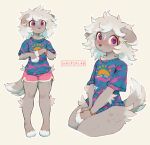  anthro anthrofied blonde_hair blush bottomwear bracelet bulge clothed clothing espurr fluffy fluffy_hair fur grey_body grey_fur hair hi_res hiding_erection hotpants jewelry looking_at_viewer male nintendo paws pink_eyes pok&eacute;mon pok&eacute;mon_(species) shirt shorts simple_background solo t-shirt topwear video_games waspsalad 