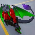  1:1 2022 angiewolf anthro black_bottomwear black_clothing black_pants bottomwear clothing digital_media_(artwork) footwear green_clothing green_topwear hand_on_chin horn jacket male pants plantigrade red_clothing red_topwear shoes sitting smile solo topwear unknown_species wings 