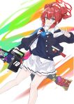  1girl ;d absurdres ahoge amane_(amanevo) arm_up badge bangs blue_archive blue_eyes blue_necktie button_badge collarbone collared_shirt double_bun grin gun hair_bun halo highres holding holding_weapon jacket long_sleeves looking_at_viewer machine_gun maki_(blue_archive) multicolored_background necktie one_eye_closed pleated_skirt puffy_sleeves red_hair shirt short_hair sidelocks skirt sleeves_past_wrists smile smiley_face solo sweater_vest w weapon white_shirt white_skirt 
