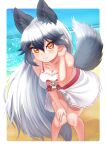  1girl animal_ears beach bikini blush breasts cleavage day extra_ears fox_ears fox_tail grey_hair hair_twirling kemomimizuku kemono_friends large_breasts leaning_forward long_hair looking_at_viewer ocean official_alternate_costume orange_eyes playing_with_own_hair sarong silver_fox_(kemono_friends) sky smile solo standing swimsuit tail very_long_hair water white_bikini white_sarong 