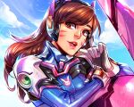  1girl bangs blue_bodysuit bodysuit brown_eyes brown_hair clenched_hand cloud d.va_(overwatch) english_commentary gloves headphones leaning lina_rojas looking_at_viewer open_mouth overwatch overwatch_1 pilot_suit ribbed_bodysuit sky solo white_gloves 