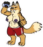  anthro big_breasts bodily_fluids bottomwear breasts clothed clothing fangs felid female fur hi_res machairodontine mammal multi_nipple nipples sabertooth_(anatomy) shorts solo sweat topless trout_(artist) water water_bottle 