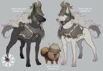  alternate_species armor black_body black_fur blue_eyes brown_body brown_fur canid canine canis domestic_dog elden_ring fromsoftware fur group headgear helmet male mammal simple_background sinzui sparkles spirits_ashes trio video_games white_body white_fur 