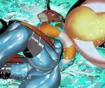  anthro athletic athletic_anthro athletic_male bandai_namco blue_body butt digimon digimon_(species) flamedramon hi_res low-angle_view male partially_submerged skink_hisshiss solo swim_ring swimming underwater_view worm&#039;s-eye_view 