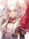  1girl ascot cape closed_mouth commentary edelgard_von_hresvelg fire_emblem fire_emblem:_three_houses floating_hair forehead garreg_mach_monastery_uniform hagiwara_rin hair_ribbon highres long_hair looking_at_viewer purple_eyes purple_ribbon red_cape ribbon solo straight_hair twitter_username uniform upper_body white_ascot white_background white_hair 