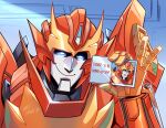  absurdres autobot blue_eyes card english_commentary highres holding holding_card lina_rojas looking_ahead mecha portrait robot rodimus science_fiction smile solo the_transformers_(idw) transformers v-fin 