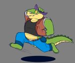  2021 alligator alligatorid anthro bottomwear brok_(character) brok_the_investigator clothing cowcatgames crocodilian green_body hat headgear headwear hi_res humanoid_hands male official_art pants reptile running scalie shirt simple_background solo topwear video_games 