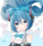  &gt;_&lt; 1girl :d bangs black_sleeves blue_bow blue_eyes blue_hair blush bow cinnamiku cinnamoroll closed_eyes closed_mouth collared_shirt commentary cosplay detached_sleeves frilled_shirt frilled_shirt_collar frills grey_shirt hair_between_eyes hair_bow hatsune_miku hatsune_miku_(cosplay) heart heart_background highres looking_at_viewer polka_dot sanrio shirt sleeveless sleeveless_shirt smile updo upper_body vocaloid white_background xd yuni_(irohasuiroiro) 