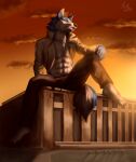  2021 anthro apohorse bare_chest bottomwear brand_new_animal building canid canine canis clothing cloud fur hi_res jacket macro male mammal muscular muscular_male netflix pants plantigrade realistic realistic_fur shirou_ogami signature sitting sky solo studio_trigger sunset topwear wolf 