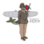  2022 absurd_res aircraft alpha_channel anthro belt blue_eyes caption charlotte_(panzerschreckleopard) chubby_female clothing colored female green_body hi_res living_aircraft living_machine living_vehicle machine medal military_uniform necktie p-47_thunderbolt panzerschreckleopard peaked_cap red_nose simple_background slightly_chubby solo text transparent_background uniform vehicle white_body 