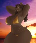  2022 5:6 absurd_res anthro big_breasts bikini biped breasts brown_bear brown_body brown_fur brown_hair brown_nose cleavage clothed clothing colored curvaceous curvy_figure detailed_background digital_media_(artwork) ear_piercing eyebrows female fur hair hands_behind_head hi_res kemono looking_at_viewer mammal nakamula navel navel_piercing open_mouth open_smile outside piercing portrait pose raised_arms shaded small_waist smile solo standing sunset swimwear thick_thighs three-quarter_portrait three-quarter_view ursid ursine voluptuous wide_hips yellow_eyes 