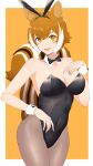  1girl absurdres animal_ears armpit_peek armpits bare_shoulders black_bow black_bowtie black_leotard blazblue border bow bowtie breasts bunny_day cleavage covered_navel detached_collar fake_animal_ears hair_between_eyes highres large_breasts leggings leotard looking_at_viewer makoto_nanaya open_mouth orange_background orange_eyes orange_hair pantyhose playboy_bunny purinnssu rabbit_ears simple_background smile solo squirrel_ears squirrel_tail tail white_border wrist_cuffs 