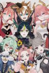  2girls 5girls absurdres animal_ears antlers aqua_eyes bare_shoulders beret black_bra black_gloves black_hair bra breasts brown_hair cat_ears cat_girl cat_tail cosplay diona_(genshin_impact) diona_(genshin_impact)_(cosplay) dog_boy dog_ears earrings facial_mark floppy_ears fox_boy fox_ears genshin_impact gloves gorou_(genshin_impact) green_eyes green_hair halo hat highres jewelry long_sleeves looking_at_viewer lyney_(genshin_impact) medium_hair multicolored_hair multiple_girls nontraditional_miko paw_pose pink_hair purple_eyes red_headwear shibanba777 short_hair single_earring small_breasts star_(symbol) star_facial_mark streaked_hair sucrose_(genshin_impact) tail tighnari_(genshin_impact) underwear white_gloves white_hair white_headwear yae_miko yanfei_(genshin_impact) 