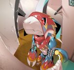 anthro armor athletic athletic_male bandai_namco black_sclera blue_body dejected digimon digimon_(species) fisheye_lens flamedramon frown headgear helmet hi_res horn male miserable peephole red_eyes sad scalie skink_hisshiss solo straps 