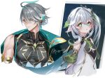  1boy 1girl al-haitham_(genshin_impact) cross-shaped_pupils detached_sleeves dress fairy genshin_impact gradient_hair green_eyes green_hair grey_hair hair_ornament leaf leaf_hair_ornament long_hair looking_to_the_side multicolored_hair nahida_(genshin_impact) pectorals pointy_ears pottsness short_hair side_ponytail white_dress white_hair 