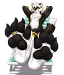  4_toes anthro barefoot black_body black_fur black_pawpads canid canine canis chair claws digit_ring feet foot_focus fur furniture hi_res jewelry looking_at_viewer lying male mammal pawpads paws ring soles solo sylox takesu toe_ring toes wolf 