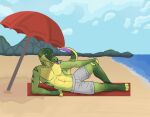  anthro beach clothing cloud hand_on_knee hand_on_leg hi_res hill lewd_latte lizard male mountain public reptile sand scalie seaside shirtless solo sunny swimming_trunks swimwear tongue tongue_out umbrella water 