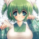  1girl apron aqua_eyes archived_source blush frilled_apron frills green_eyes green_hair green_kimono haruno_chigusa head_scarf japanese_clothes kimono long_sleeves lying maid_apron meguri_hitohira. norita on_back open_mouth short_hair snow snow_on_head snowing solo twintails wa_maid 