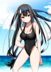  1girl alternate_breast_size beach black_hair black_swimsuit blue_headband blue_sky breasts brown_eyes cleavage cloud cowboy_shot day hand_on_hip hatsushimo_(kancolle) hatsushimo_kai_ni_(kancolle) headband highleg highleg_swimsuit highres horizon kantai_collection kimura_shiki long_hair looking_at_viewer low-tied_long_hair medium_breasts ocean one-hour_drawing_challenge outdoors sky solo swimsuit 