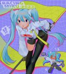  ! !! 1girl 2022 bangs bent_over black_bodysuit black_footwear blue_eyes blue_hair bodysuit boots checkered_flag chibi chibi_inset commentary flag goodsmile_racing grey_jacket hatsune_miku highres holding holding_flag jacket long_hair looking_at_viewer official_alternate_costume on_(o_obop) open_mouth racing_miku racing_miku_(2022) single_thigh_boot solo_focus symbol-only_commentary thigh_boots very_long_hair vocaloid 