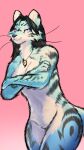  3_fingers aleph_omega anthro black_hair black_stripes blue_body blue_fur cheek_tuft crossed_arms facial_tuft felid feline female fingers fluffy fur hair hi_res jewelry mammal navel necklace nude pink_eyes smile solo storm_(artist) stripes tuft whiskers white_body white_fur 