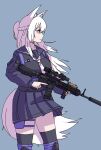  1girl animal_ear_fluff animal_ears bangs black_sailor_collar black_serafuku black_shirt black_skirt black_thighhighs braid breasts closed_mouth commission copyright_request eyebrows_hidden_by_hair floating_hair grey_background gun hair_between_eyes highres holding holding_gun holding_weapon knee_pads long_hair long_sleeves looking_away medium_breasts ponytail puffy_long_sleeves puffy_sleeves red_eyes sailor_collar school_uniform serafuku sharpy_(kdy000913) shirt simple_background skirt solo tail thighhighs trigger_discipline very_long_hair weapon weapon_request white_hair 