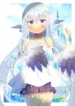  1girl bangs bare_shoulders black_skirt blue_eyes blurry blurry_background blush castle closed_mouth collarbone commentary_request commission copyright_request depth_of_field dress feathered_wings grey_hair grey_wings hair_between_eyes head_wings kou_hiyoyo long_hair pleated_skirt skeb_commission skirt sleeveless sleeveless_dress smile solo very_long_hair white_dress winged_arms wings 