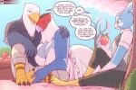  2022 3_toes 5_fingers accipitrid accipitriform against_natural_surface against_surface against_tree altaria amelia_(animal_crossing) animal_crossing anthro apollo_(animal_crossing) arm_on_leg arm_on_shoulder avian bald_eagle beak better_version_at_source big_breasts bird blue_body blue_feathers bottomwear breasts brown_eyes caracara cherry_blossom claws cleavage clothed clothing collared_shirt day dialogue digital_drawing_(artwork) digital_media_(artwork) dress eagle easter easter_egg eating english_text falconid feathers feet female fingers food from_side fruit grass group hand_on_leg hand_on_shoulder holding_food holding_object holidays huge_breasts looking_at_another lying lying_on_another male male/female marik_azemus34 multicolored_body multicolored_feathers nintendo on_side open_collar open_mouth outside pants peach_(fruit) picnic plant pok&eacute;mon pok&eacute;mon_(species) polyamory purple_eyes red_beak red_body red_feathers romantic romantic_couple sea_eagle shirt shrub sitting sitting_on_ground size_difference solo speech_bubble stripes swinging text thick_thighs toes tongue topwear tree url video_games white_beak white_body white_feathers yellow_beak 