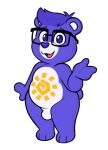  acstlu anthro bulge care_bears eyewear fan_character fur glasses hair hi_res looking_at_viewer male mammal open_mouth open_smile paws purple_body purple_eyes purple_fur purple_hair purple_nose simple_background smile solo standing ursid white_background white_body white_fur 